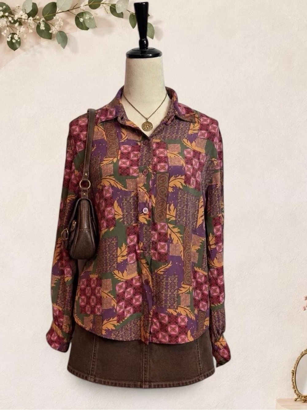 Abstract Patchwork Button Down Blouse Purple Pink Olive Women’s M/L
